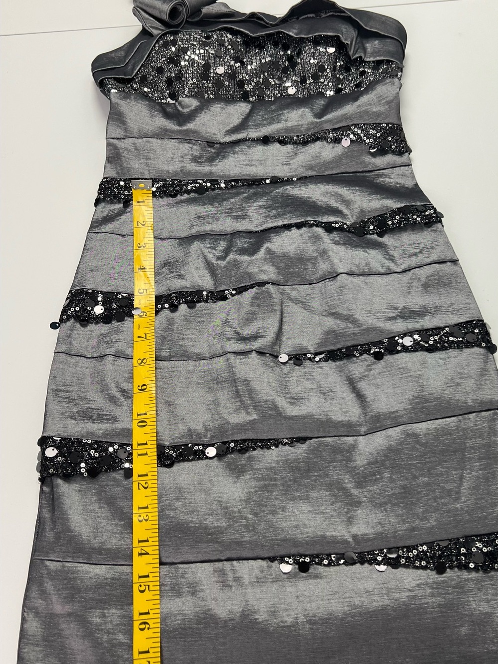 Betsy & Adam One Shoulder Bow Gray with Black Sequins Cocktail Formal Dress - Picture 13 of 16